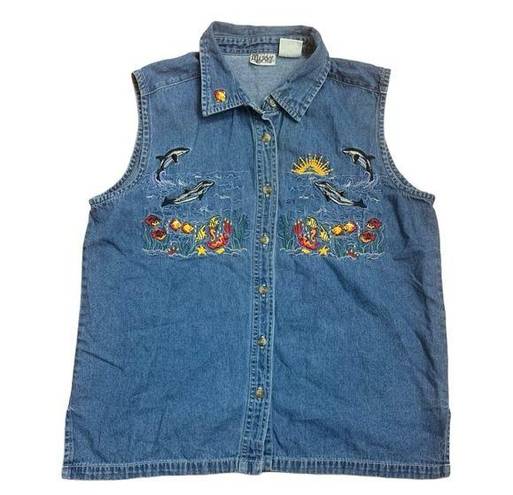 Cabin creek Vintage  denim vest whale aquarium fish vaca resort grandma sea cott