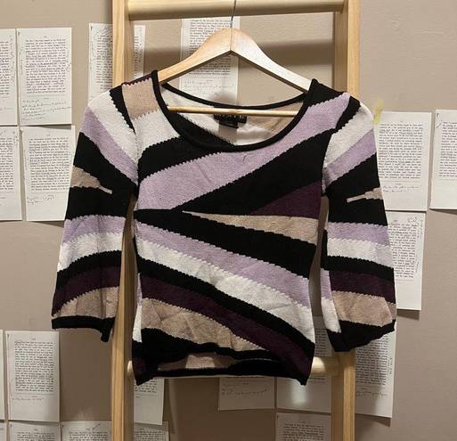 Mixit Purple, Black, Tan, and White Striped Half Sleeve Blouse Made in Korea