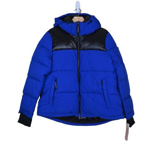 BCBGeneration  Womens L Colorblock Hooded Puffer Jacket in Cobalt with Black NEW