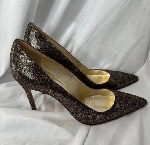 Manolo Blahnik  BB 105 Brown and Gold Glitter Pointed Toe Stiletto Heels Size 40