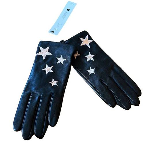 AQUA  Gloves Black Genuine Leather Lined Embroidered Stars Designer Medium NWT