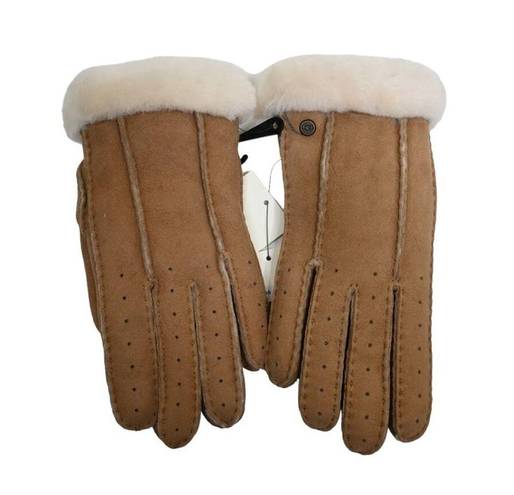 UGG  Womens M Perforated Genuine Shearling Suede Gloves in Chestnut NEW