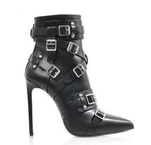 Saint Laurent  120MM Paris Belted Pointed Toe Stiletto Ankle Boots Black Womens 3