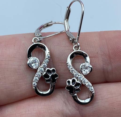 infinity Pet Paw  Sterling Silver CZ Heart Earrings Lever Back