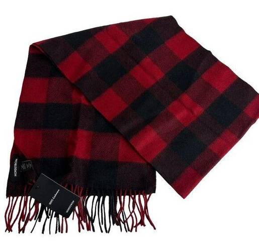 Nordstrom  Red Black Buffalo Check 100% Cashmere Fringe 72" x 12" Scarf