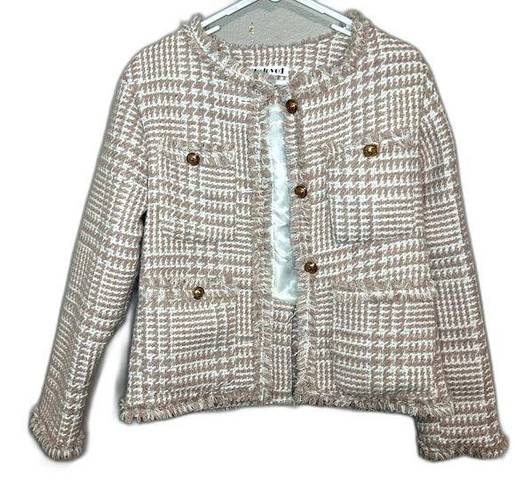 Houndstooth Beloved neutral pink fringe trim  tweed blazer size small