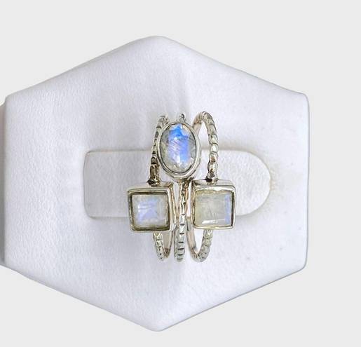 Sterling Silver Rainbow Moonstone Stacker Ring Trio - Sz 6