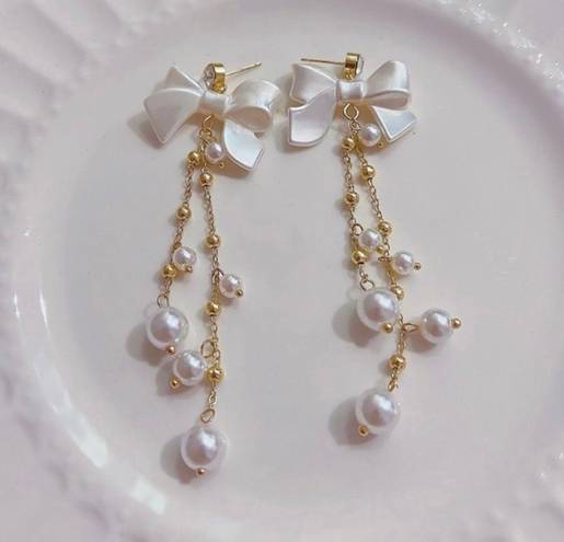 Elegant Bow White Pearl Dangle Drop Earrings for Women,Pearl Earrings Gold