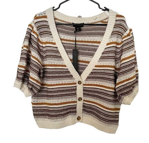 House of Harlow  1960 Metallic Striped Cream Brown Puff Sleeve Cardigan Sweater L