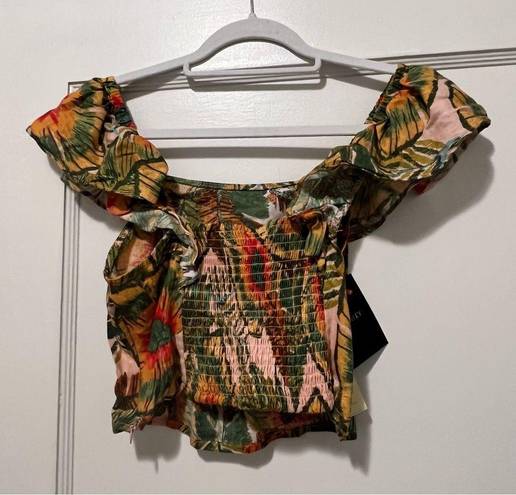 Cynthia Rowley Green Orange Jungle Print Linen a blend Flutter Sleeve Crop Top