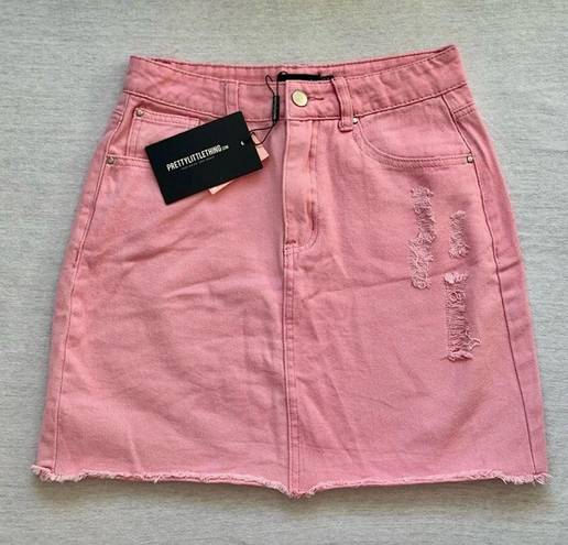 Pretty Little Thing NWTS 💗SIZE 4💗PINK DISTRESSED DENIM MINI SKIRT WITH POCKETS