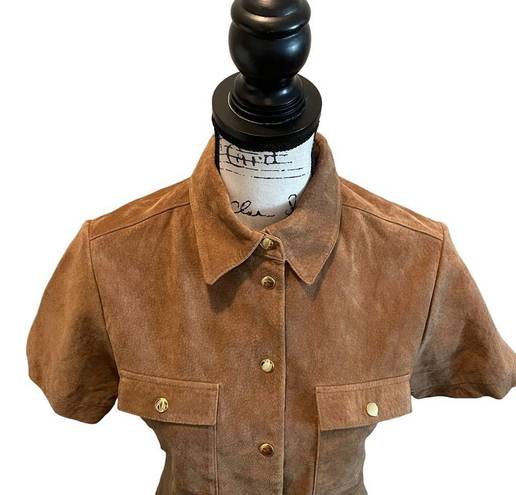 Moda  International VS Suede Leather Shirt Brown Small Snap Button Vintage Y2K