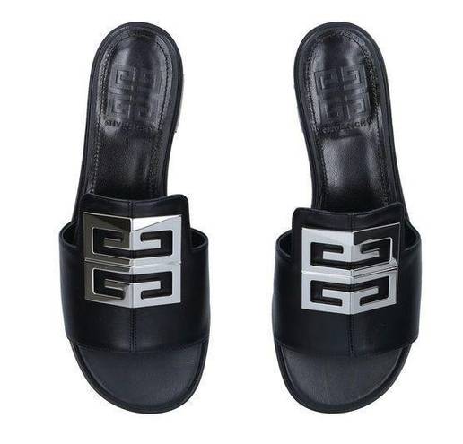 Givenchy  4G Black Leather Silver Logo Slides