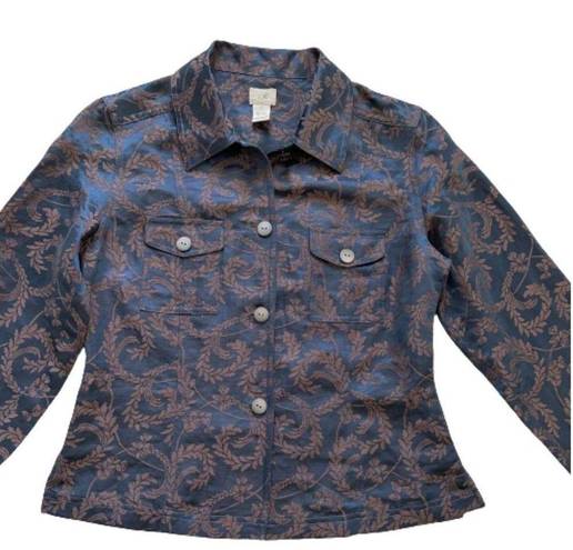 J.Jill  Jacket Top Blue Brown Scroll Linen Silk Blend Lightweight Jacket Size 4