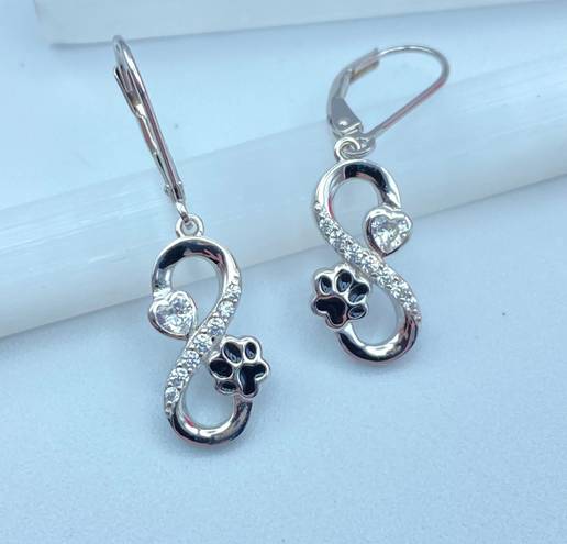 infinity Pet Paw  Sterling Silver CZ Heart Earrings Lever Back