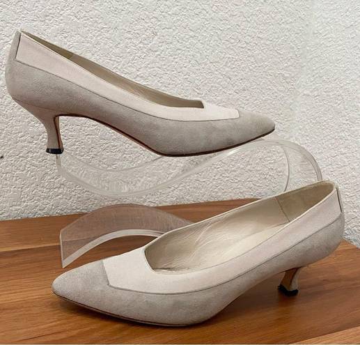 Manolo Blahnik Vintage  Stone Suede Gray Leather Classic Low Heel Pumps Size 35.5