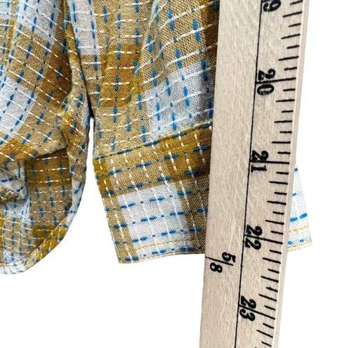 Pilcro  Anthropologie Blouse Womens S Yellow Plaid Blue Stitched Button Up Shirt