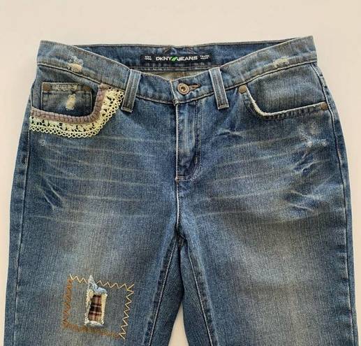 DKNY  Ludlow Cropped Boyfriend Fit Denim Pants Distressed Patches & Lace Jeans 2