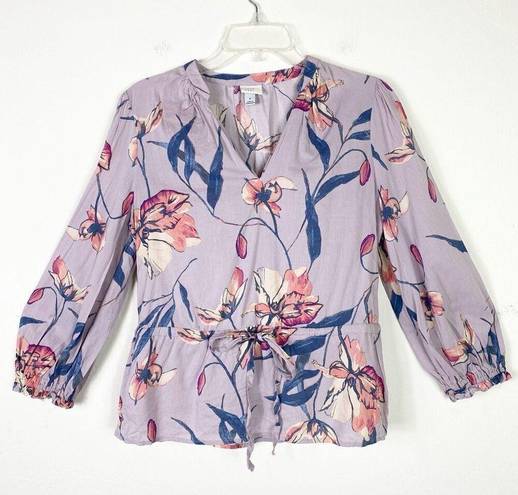 A New Day  Lavender Floral Tie Waist Notch Neck Long Sleeve Blouse Shirt Top Sz S