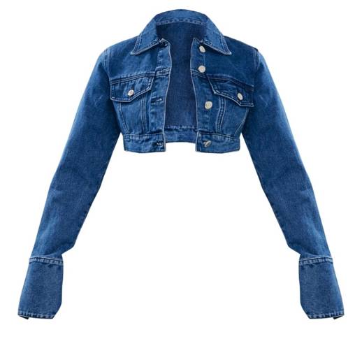 Pretty Little Thing Mid Blue Wash Denim Cuff Detail Cropped Jacket