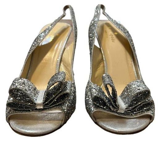 Kate Spade  Shoes Silver Glitter Bow Accent Slip On Peep Toe Slingback Pump Heels