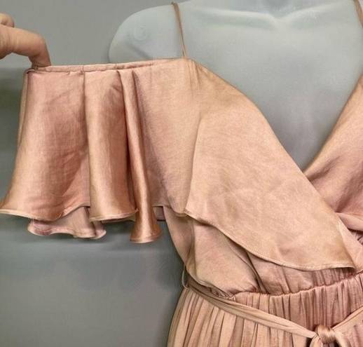 Bardot  Dress Womens 6 Bea Cold-Shoulder Ruffle Wrap Biscotti Dusty Pink Satin