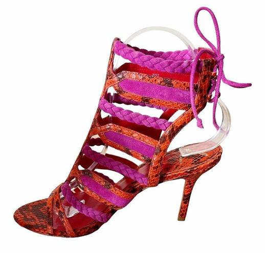 Brian Atwood  Felisa Sandals Mixed Media Strappy Braided Leather Orange Pink 7