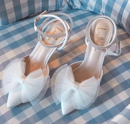 Lulus Lelanee White Satin Rhinestone Bow Ankle Strap Pumps