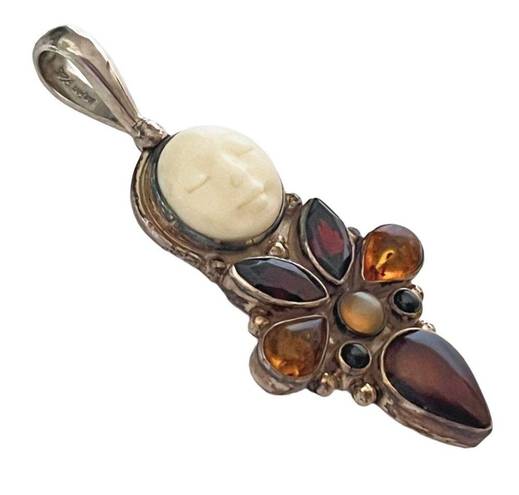 The Moon Silver 925 Sajen Sun Face Necklace PENDANT Garnet Amber Red Tiger Eye Onyx