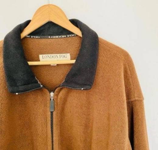 London Fog Vintage  Camel Brown Black Collar Fleece Jacket Coat Warm Minimal