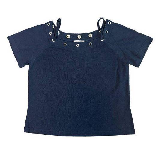 St. John  Sport Navy Blouse Shirt Top w/ Metal Grommet Classic Size Medium Womens