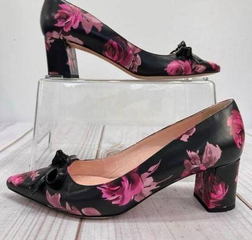 Kate Spade  Black and Pink Rose Floral Block Heel Pumps with Bow Size 6.5M