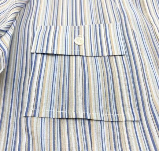 Arden B  Womens L Split Neck Blue Stripe Button Up Blouse Career Blue Tan White