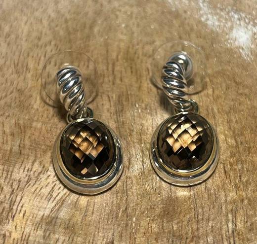 David Yurman  Sterling Silver & 18K Gold Oval Smokey Quartz Drop Dangle Earrings