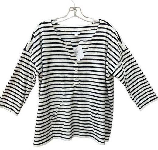 J.Jill  Top Stripe White Navy French Terry Kangaroo Pocket Coastal Grandma Large