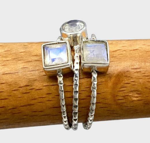 Sterling Silver Rainbow Moonstone Stacker Ring Trio - Sz 6