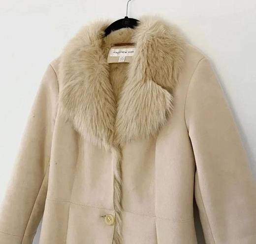 Jones New York Faux Suede Faux Fur Trim Long Coat Cream Size S