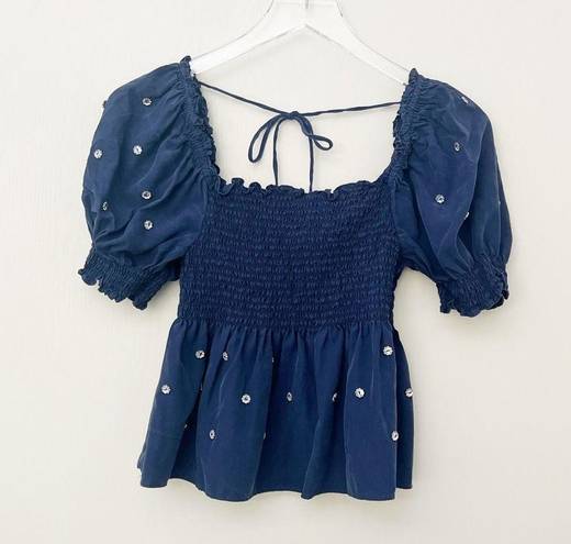 Hill House  Jeweled Jammie Top in Navy Blue Puff Sleeves