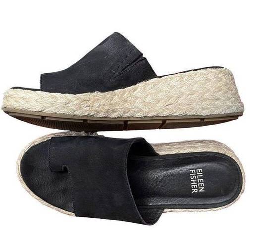 Eileen Fisher  Tarry Toe Loop Espadrille Wedge Slide Sandal Black Women’s 6