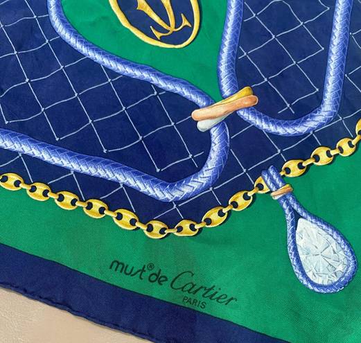 Cartier Vintage Must De  Large 100% Silk Scarf Necklace Pattern Paris France