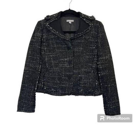 Ann Taylor  Wool Blend Tweed Black Fringed Blazer Jacket Size 2 Petites