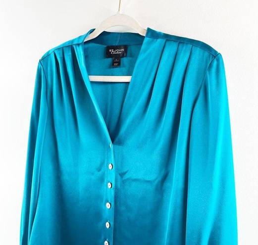 St. John  Couture Button Down Long Sleeve Silky Blouse Shirt Teal Blue 6