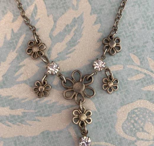 Ethereal Vintage Sterling Plated Flower Necklace Womens 16in Faux Rhinestones 