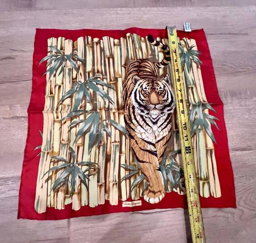 Salvatore Ferragamo RARE  Italy 16" Square Silk Scarf Tiger Walking In Bamboo