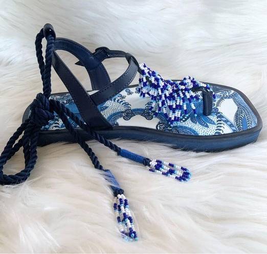 Farm Rio  Blue Tile Beaded Flat Lace Up Sandals Blue Size 6 NEW WITHOUT BOX