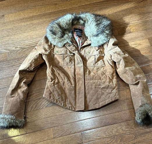 Moda Vintage 90s  International Brown Leather Jacket with Faux Fur Trim - Small