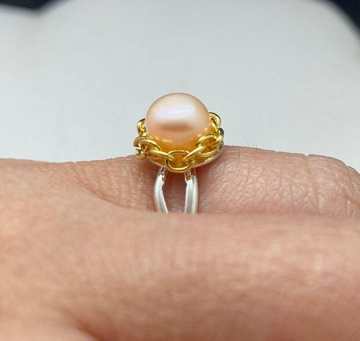 Handmade Cream pearl bead ring with gold chain - size 6