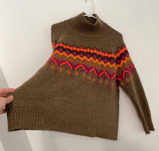 Lou & grey LOU GREY LOFT Fair Isle Sweater Brown Multi Nordic Nylon Wool Turtleneck Medium