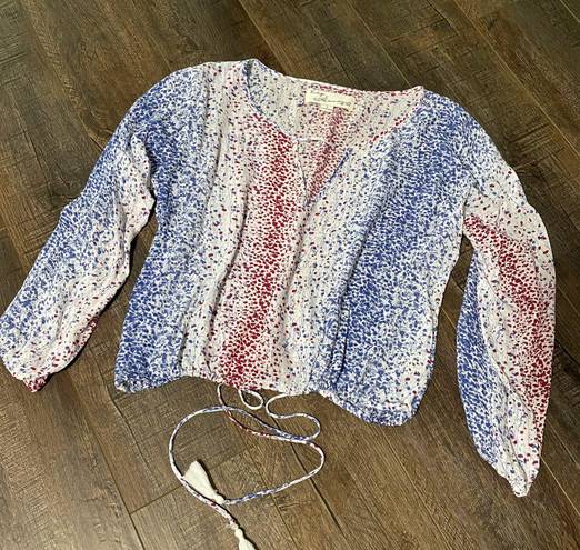 Vintage Havana Red White Blue Dotted Long Sleeved Blouse Cinched Tassel Hemline