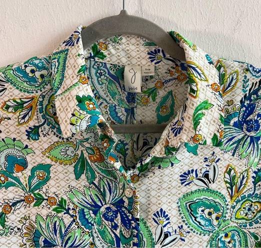 Joie  Blouse White & Green Paisley Pattern Short Sleeves Button Up Top Sz S EUC